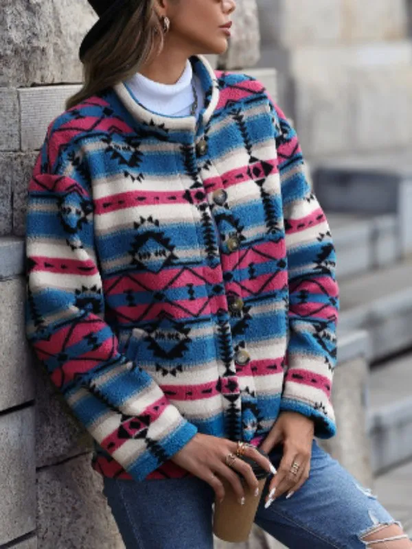 Stand Collar Button Front Maroon Velvet Printed Jacket