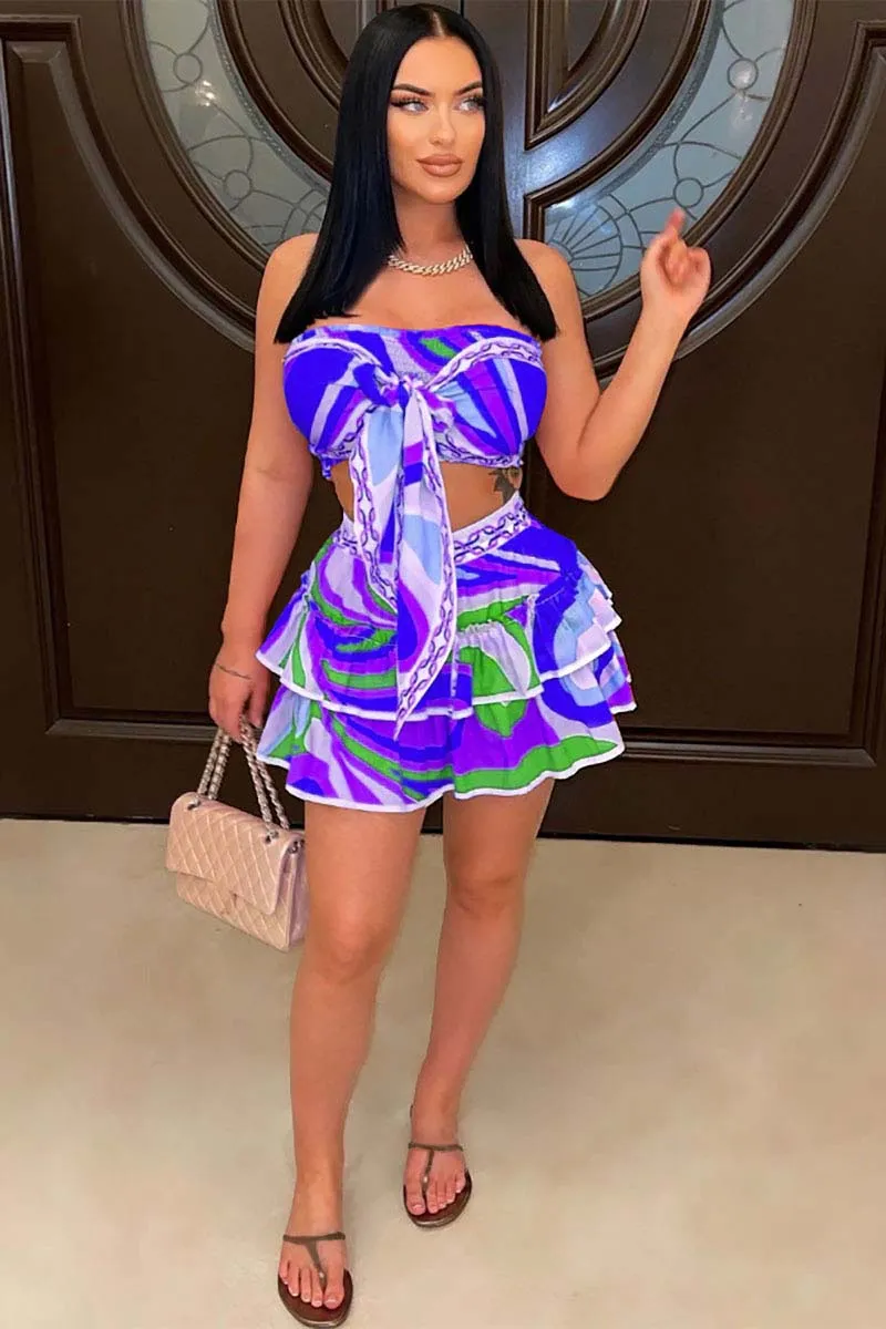 Graphic Print Strapless Crop Top Layered Ruffled Vacation Mini Skirt Matching Set