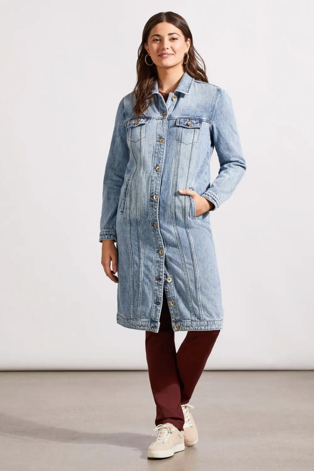 Pocketed Denim Duster Jacket-Washedblue