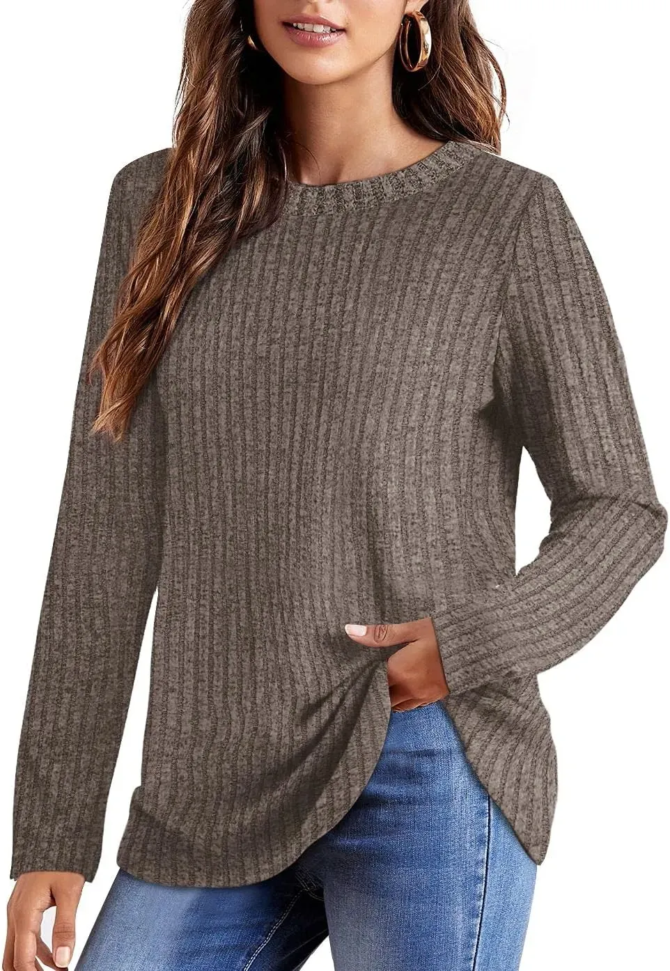 OFEEFAN Long Sleeve Shirts for Women Lightweight Crew Neck Casual Tunic Tops