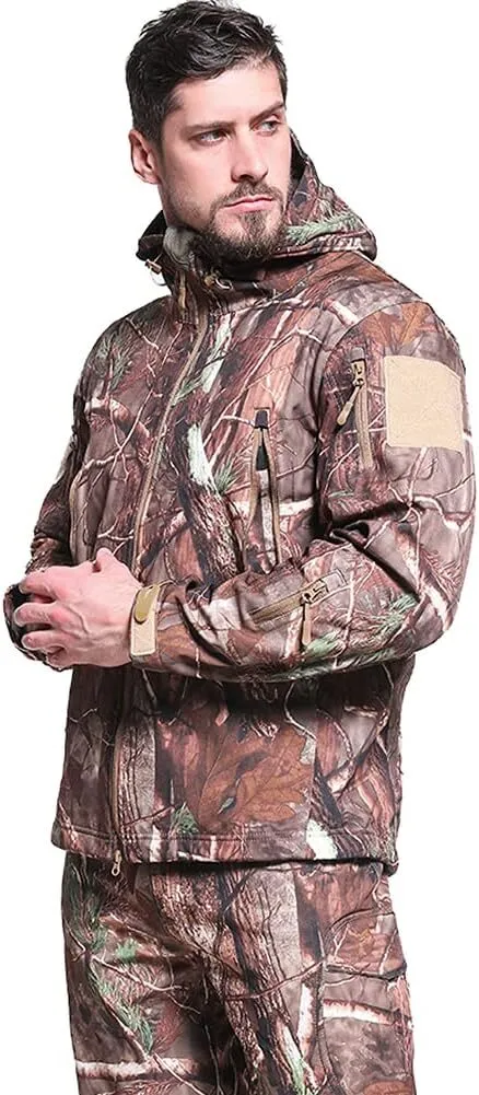 Men's Camo Quiet Hunting Jacket Waterproof Softshell Fleece Lined Camouflage Outdoor Hiking Fishing Coat