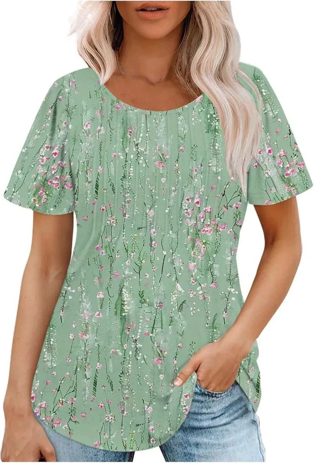 Womens Summer Pleated Front Shirts Tunics Casual Short Sleeved Loose Round Neck Boho Printed Tops Vacation Blouse