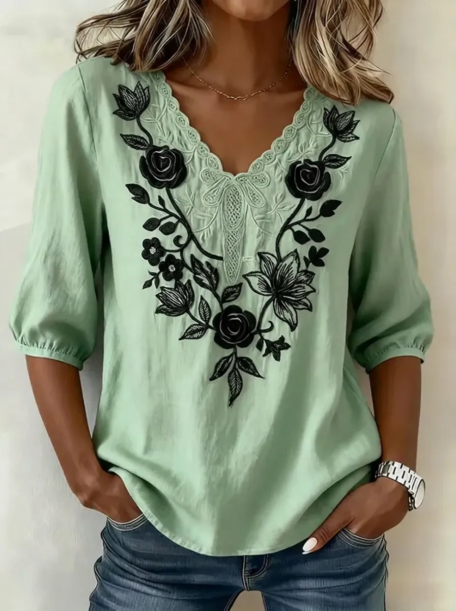 Women's Nashville Floral Embroidered V-Neck Printed Top