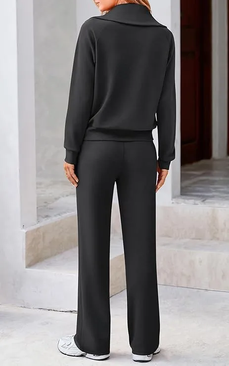 Women's Casual Set 2025 Collection Half-Zip Sweatshirt and Wide-Leg Pants