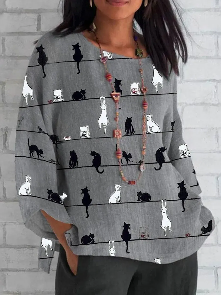 Casual Cat Print Crew Neck Long Sleeve Blouse