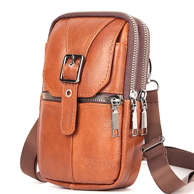 Men's Crossbody Bag Shoulder Bag Belt Bag Cowhide Outdoor Daily Zipper Large Capacity Waterproof Lightweight Solid Color Red-brown Brownish yellow Black