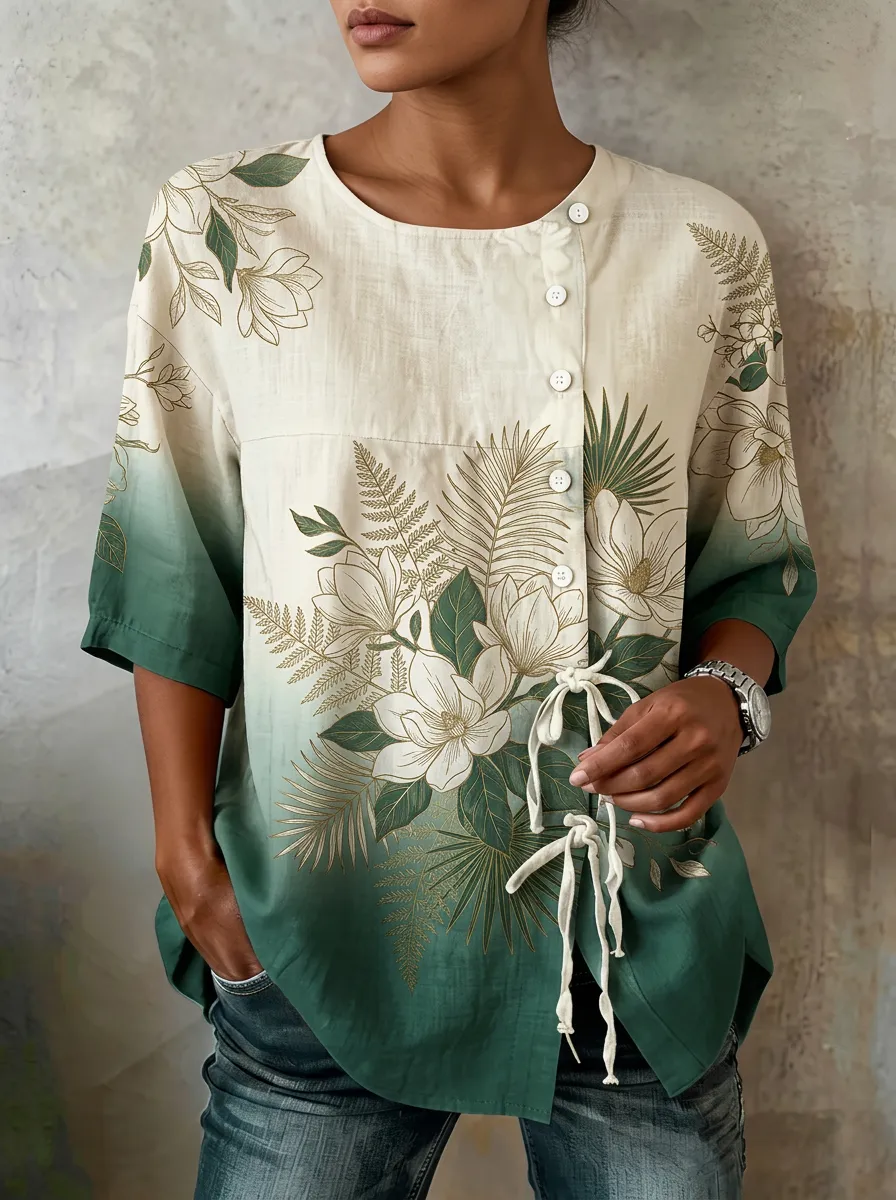 Women's Nashville Botanical Magnolia Printed Button-Up Top