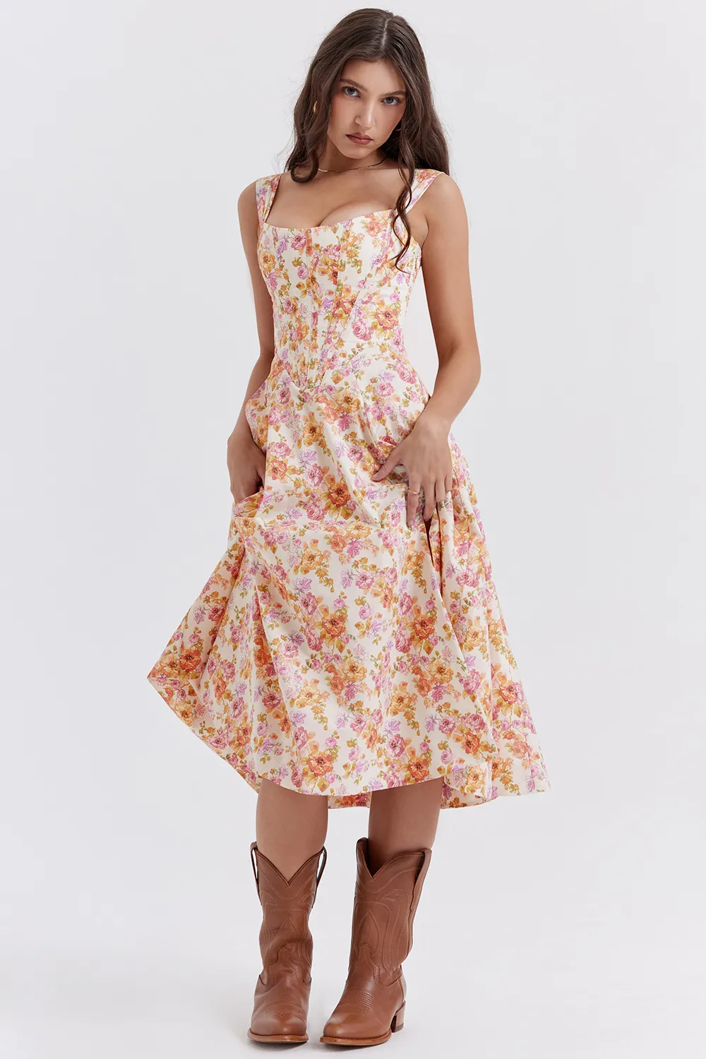 FLORAL LACE-UP CORSET A-LINE SUN DRESS