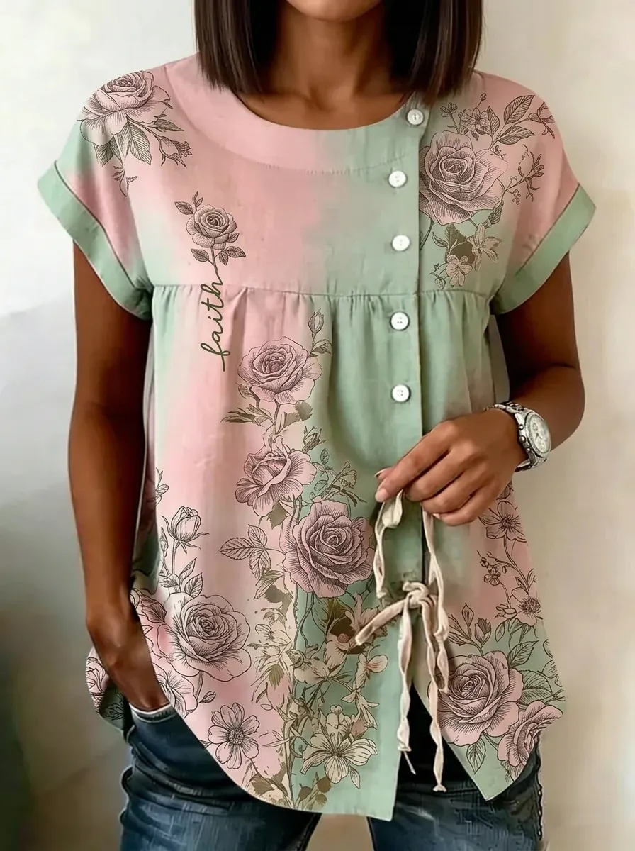 Women's Faith Floral Nashville Style Rose Printed Button-up Top