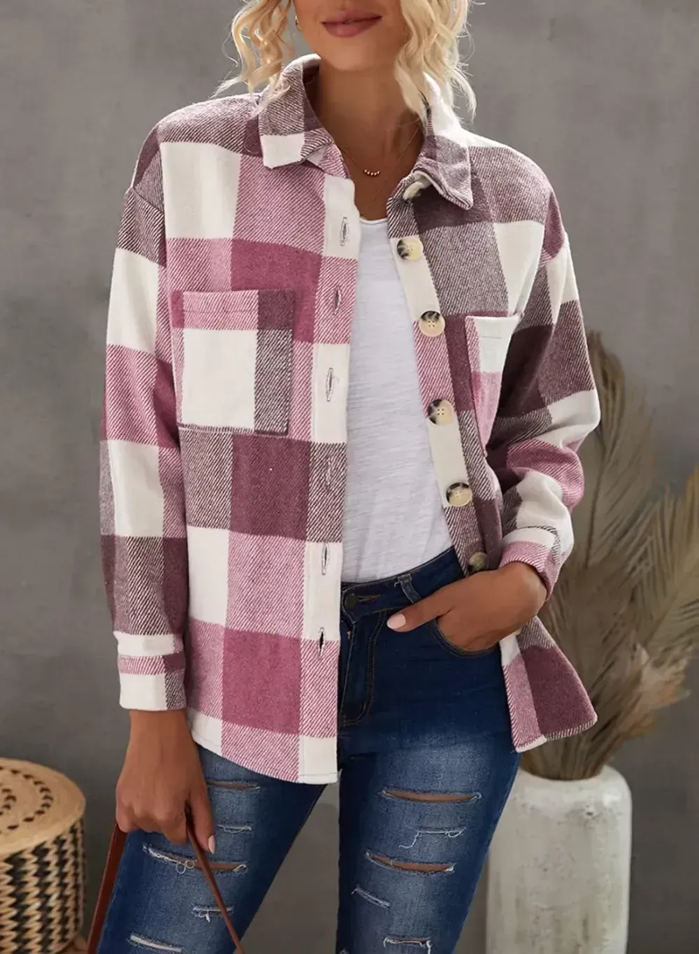 Women's 2023 Fall Clothes Plaid Shacket Jacket Long Sleeve Button Down Flannel Shirts Fashion Blouse