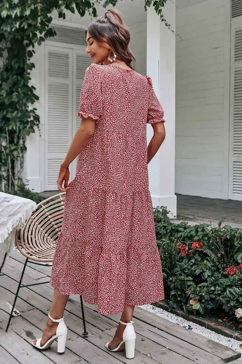 Floral Print Ruffle Puff Sleeve High Waist Midi Dresses