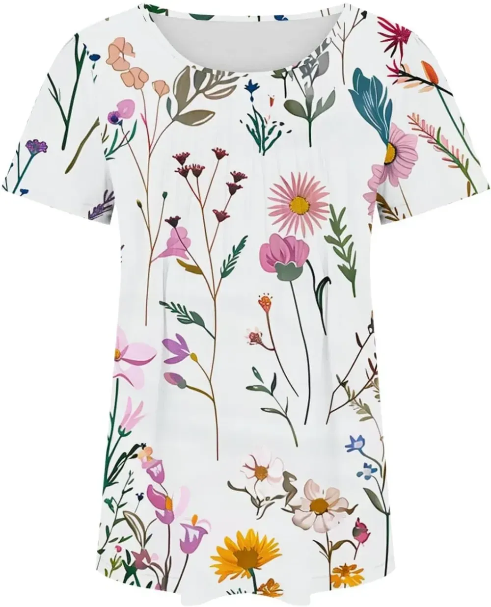 Womens Summer Pleated Front Shirts Tunics Casual Short Sleeved Loose Round Neck Boho Printed Tops Vacation Blouse