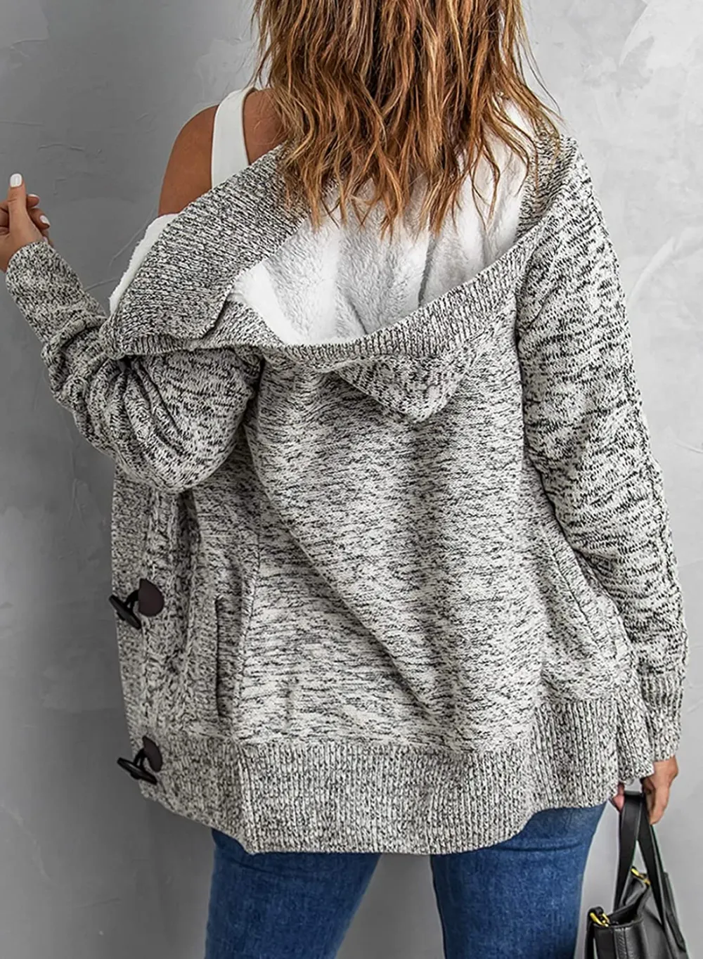 Womens Hooded Cardigans Button Up Cable Knit Sweater Coat Outerwear with Pockets