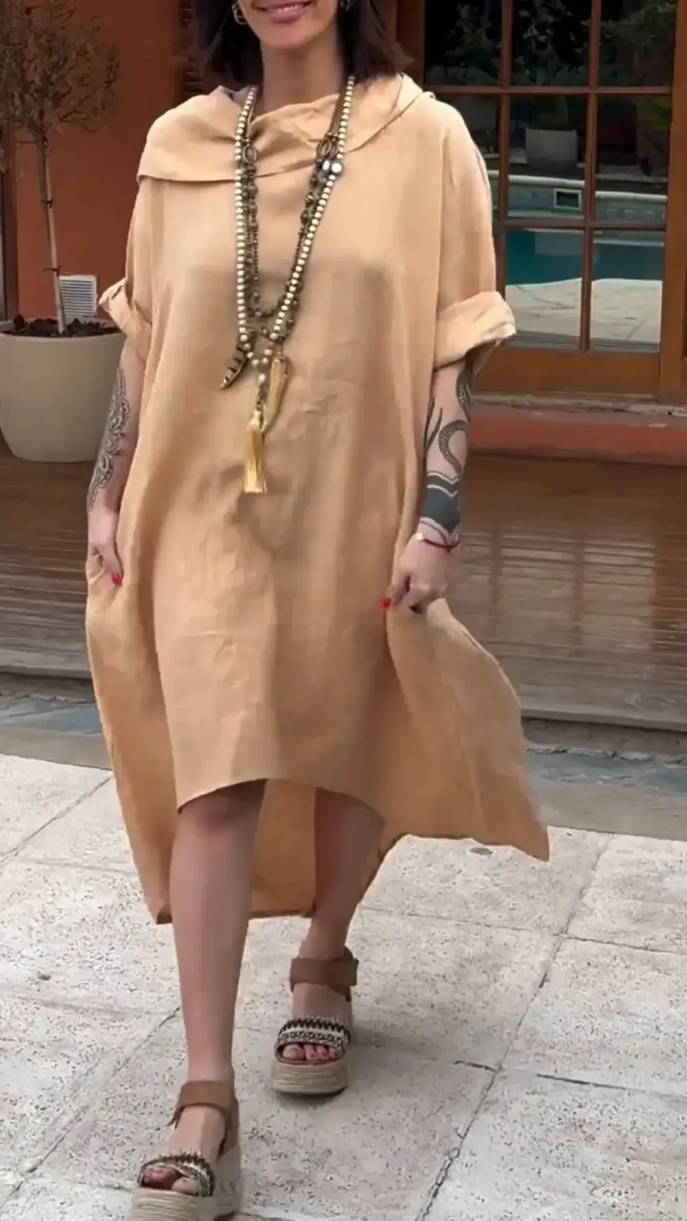 Women's Hooded Cotton and Linen Short-sleeved Casual Dress