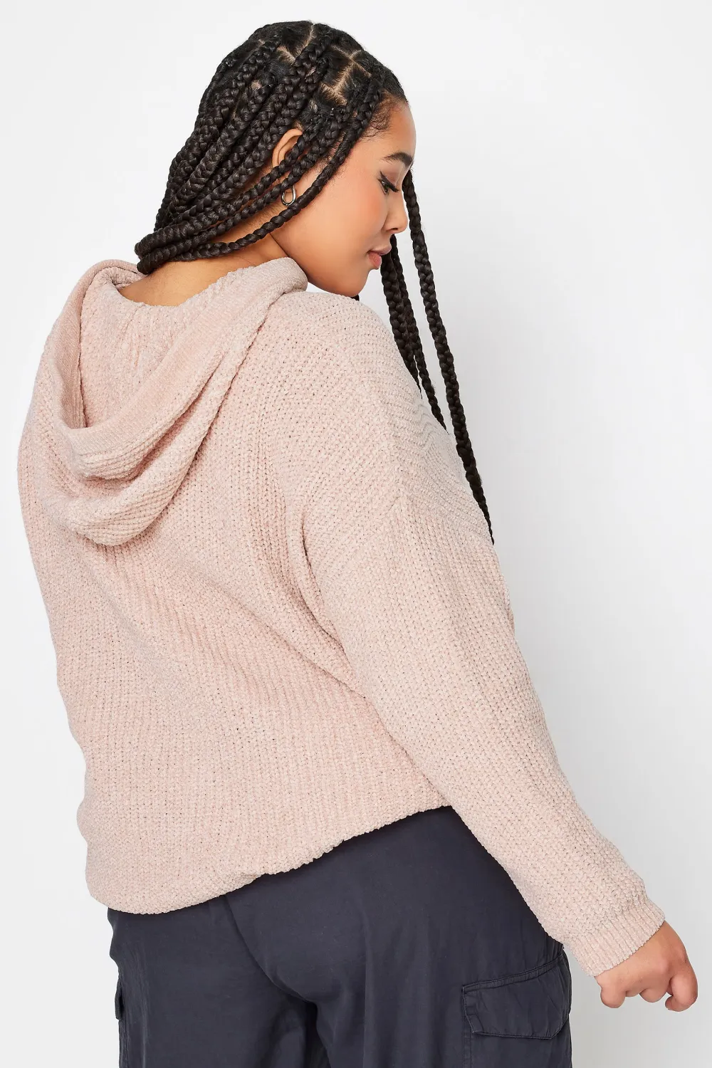 YOURS Curve Light Pink Chenille Knitted Hoodie