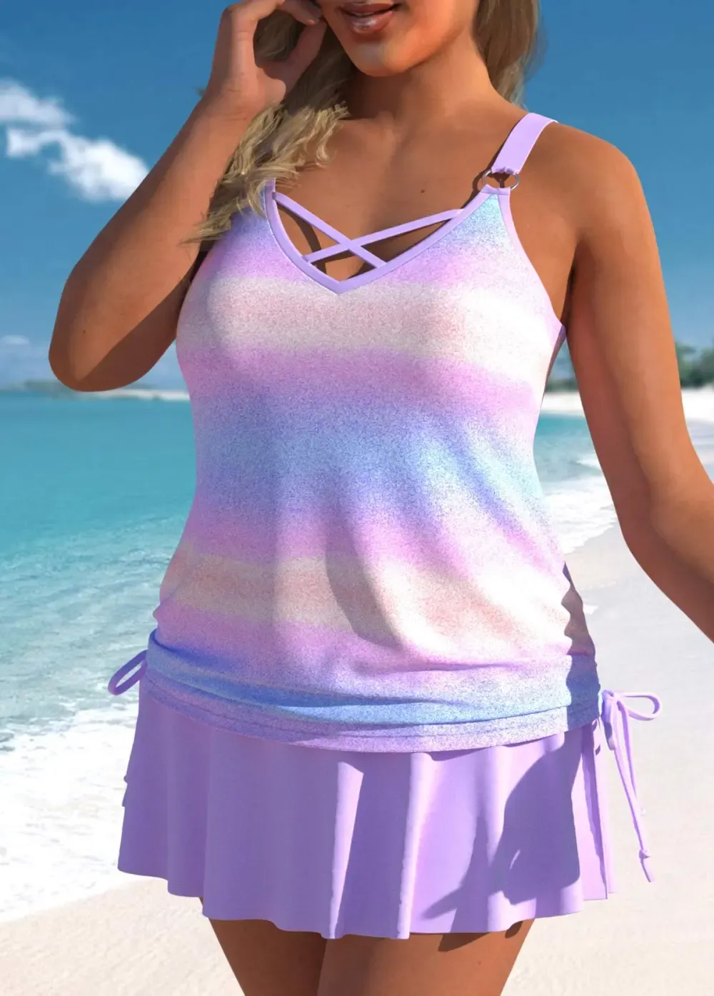 Drawstring Geometric Print Dusty Blue Tankini Top