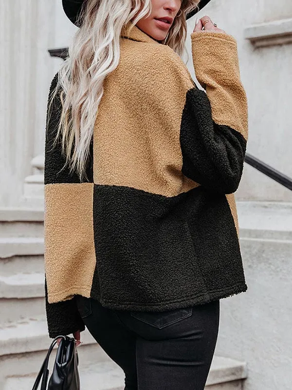 Lapel Contrast Panel Long Sleeve Fleece Jacket