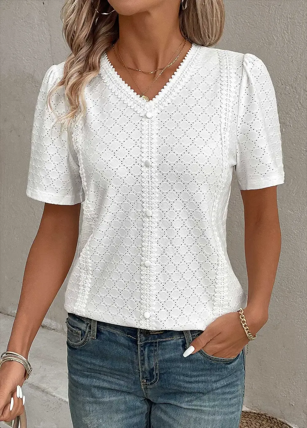 White Patchwork Short Sleeve V Neck Blouse