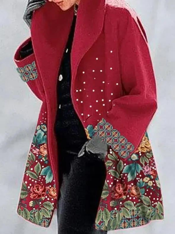 Round neck loose print hooded wool coat