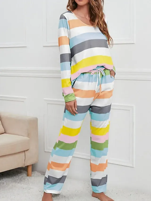 Women's Plus Size Pajamas Sets Nighty Pjs 2 Pieces Rainbow Stripe Fashion Comfort Soft Home Daily Bed Cotton Breathable V Wire Long Sleeve T shirt Tee Pant Fall Spring Blue Yellow