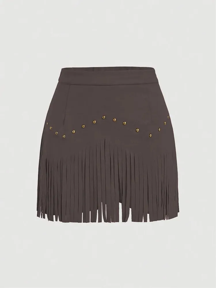 Women'S Vintage Hippie Rivet Fringe Brown Suede A-Line Skirt