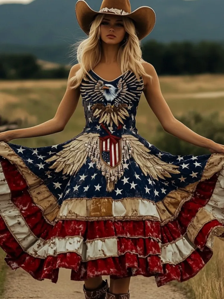 Women's Independence Day Patchwork Eagle Art Linen Maxi Dress