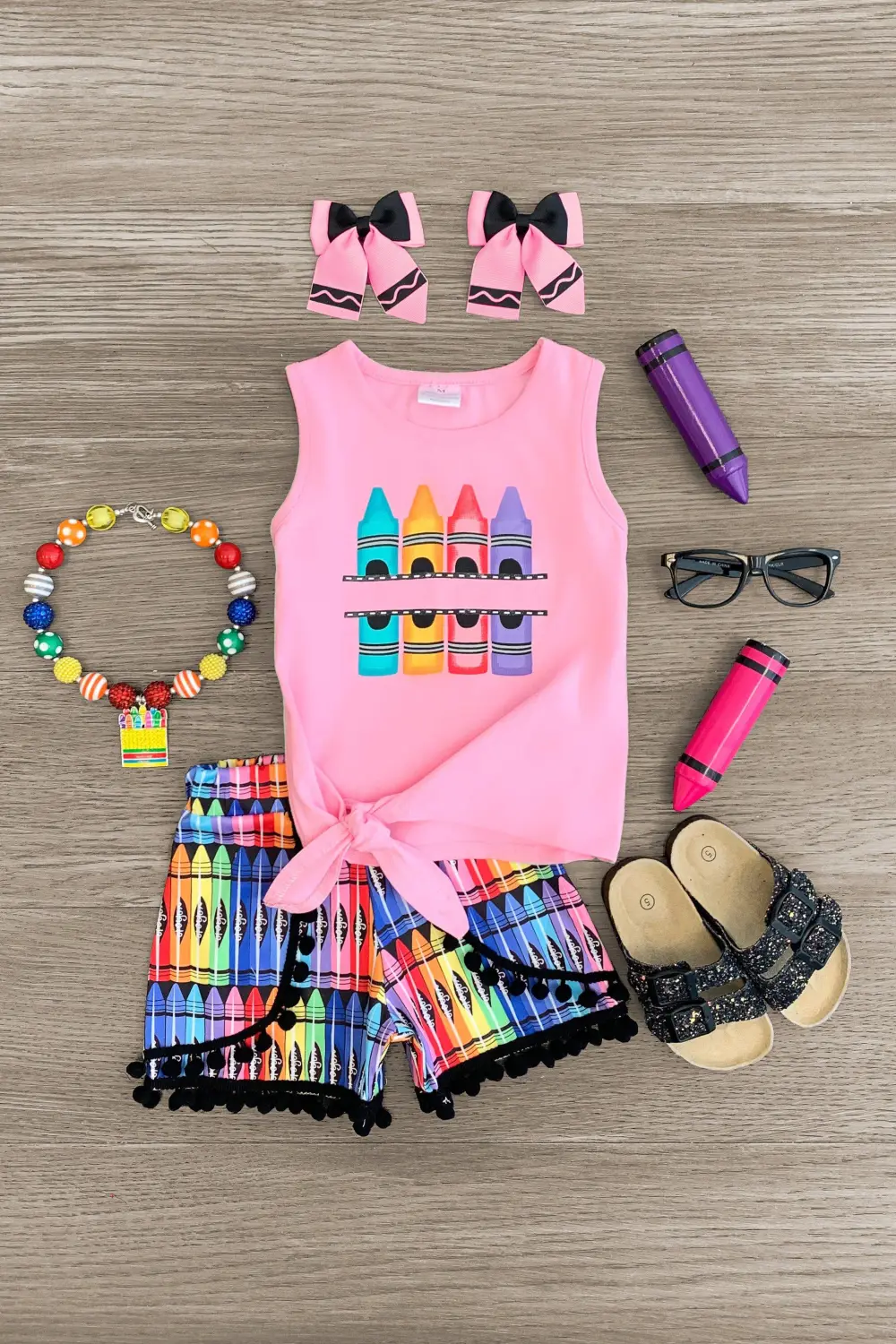 Pink Rainbow Crayon Pom Pom Short Set