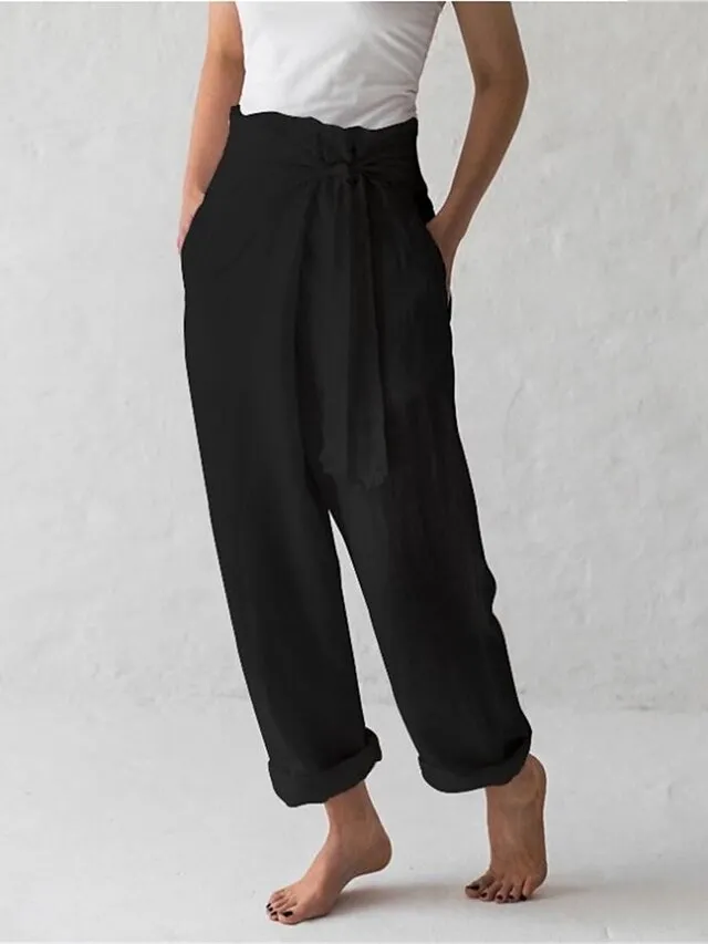 Women's Loungewear Pants Regular Fit Solid Color Fashion Simple Casual Street Linen Breathable Straight Leg Trousers with Pockets Elastic Waistband Self Tie Knot Summer Spring Black White