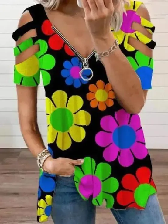 Women Short Sleeve V-neck Floral Printed Geometric Top