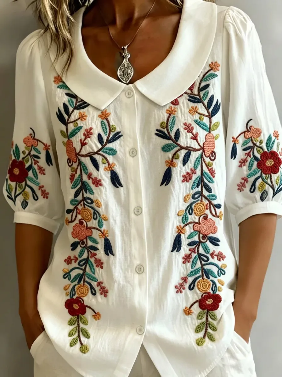 Women's Nashville Floral Botanical Embroidered Button Down Shirt