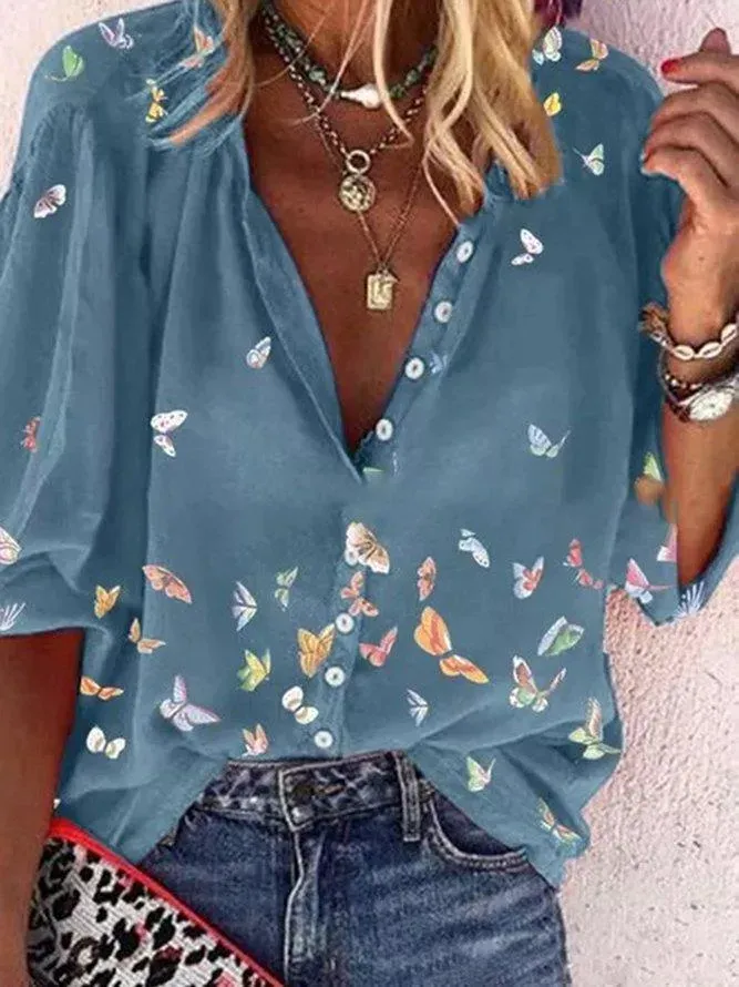 Plus Size Top Fashion Long Sleeve Lapel Shirt Butterfly Print Shirt