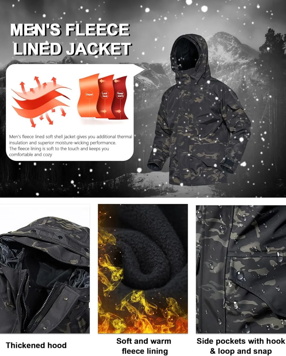 Men's Fleece Lined Soft Shell Jacket Winter Waterproof Hooded Coat Windproof Camo Tactical Jacket