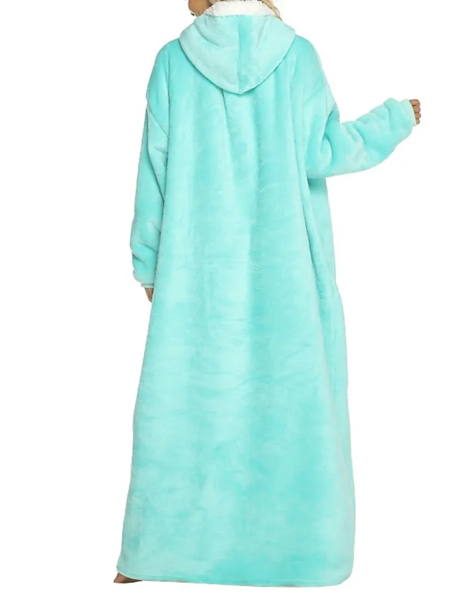Women's Wearable Blanket Hoodie Blanket Pajama Loungewear Pure Color Warm Plush Casual Home Daily Bed Flannel Warm Breathable Hoodie Long Sleeve Pocket Fall Winter Lake blue Black