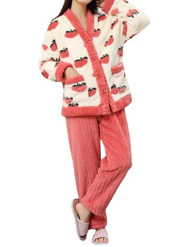 Women's Fleece Fluffy Fuzzy Warm Pajamas Sets Fruit Fashion Casual Comfort Home Daily Bed Flannel Warm V Wire Long Sleeve Cardigan Pant Button Pocket Fall Winter Pink Red