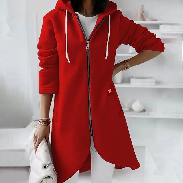 Women's Zip Hoodie Sweatshirt Fleece Sports Streetwear Pullover Pocket Drawstring Zip Up Black Pink Red Solid Color Street Casual Hoodie Long Sleeve Top Fleece lined Micro-elastic Fall & Winter