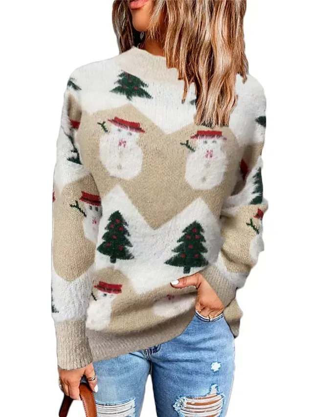 Women's Ugly Christmas Sweater Pullover Sweater Jumper Crew Neck Ribbed Knit Polyester Knitted Fall Winter Tunic Outdoor Christmas New Year Stylish Casual Soft Long Sleeve Snowman Xmas Tree Pink