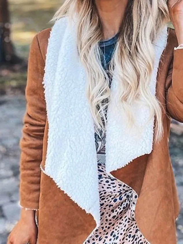 Fluff/Granular Fleece Fabric Casual Color Block Teddy Jacket