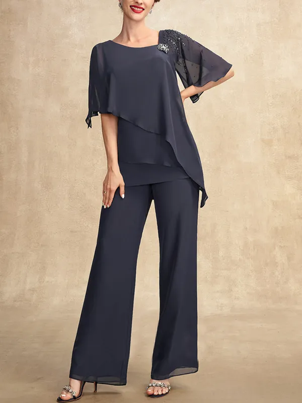 Diagonal Neck Solid Color Top Trousers Set