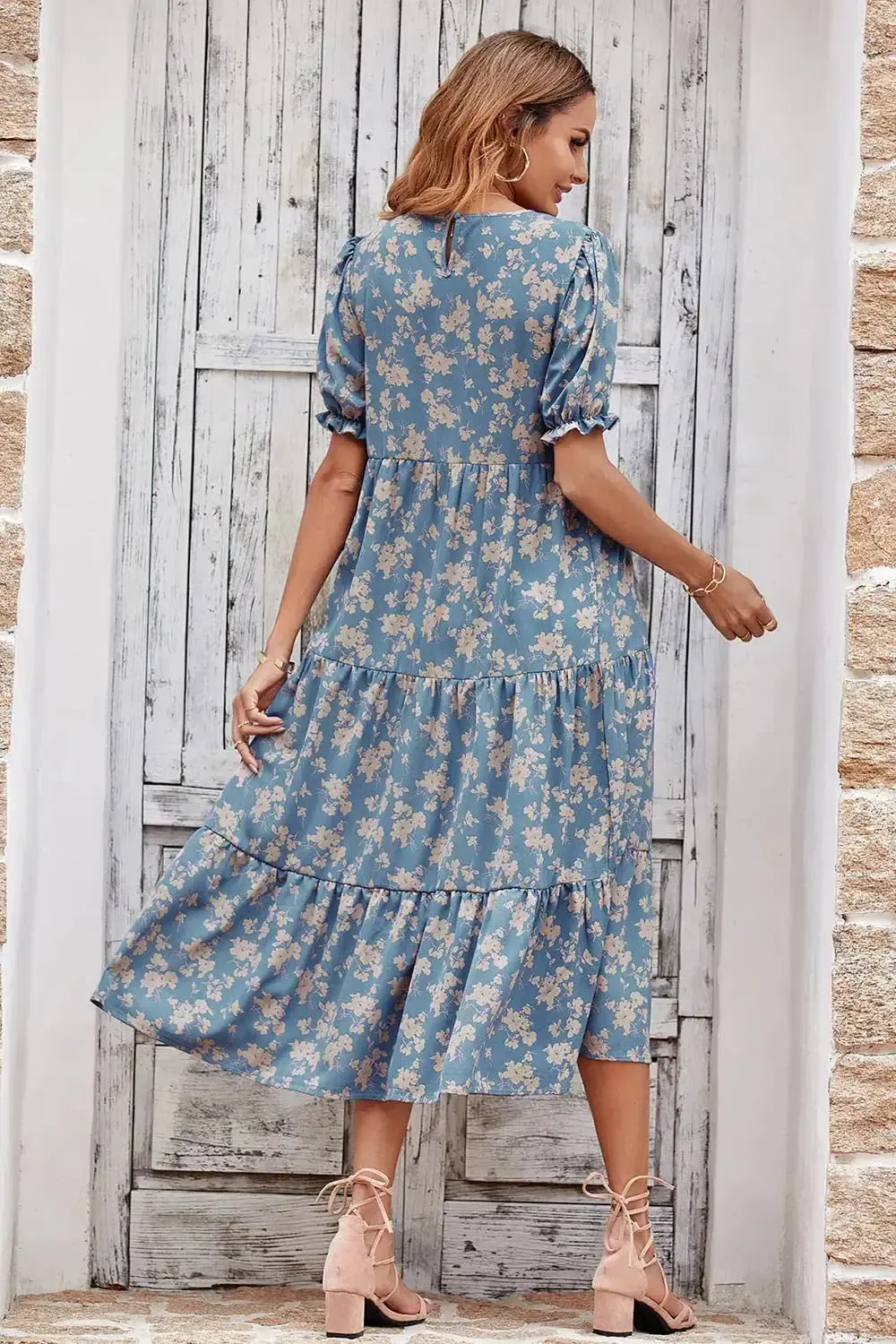 Floral Print Ruffle Puff Sleeve High Waist Midi Dresses