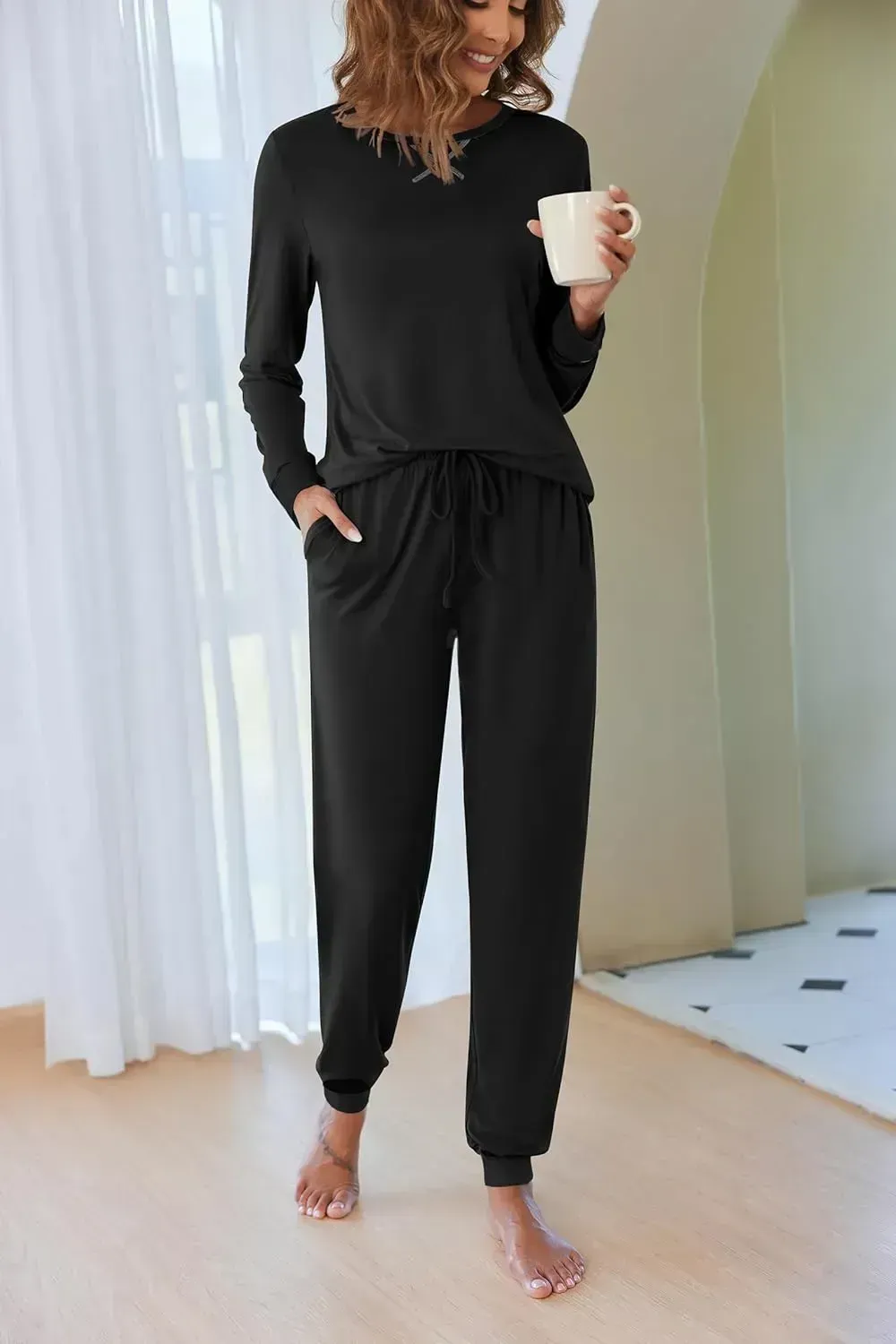 Women's Pajamas Sets Long Sleeve with Plaid Pants Soft Sleepwear O Neck 2 Piece Pjs Joggers Loung Set with Pockets