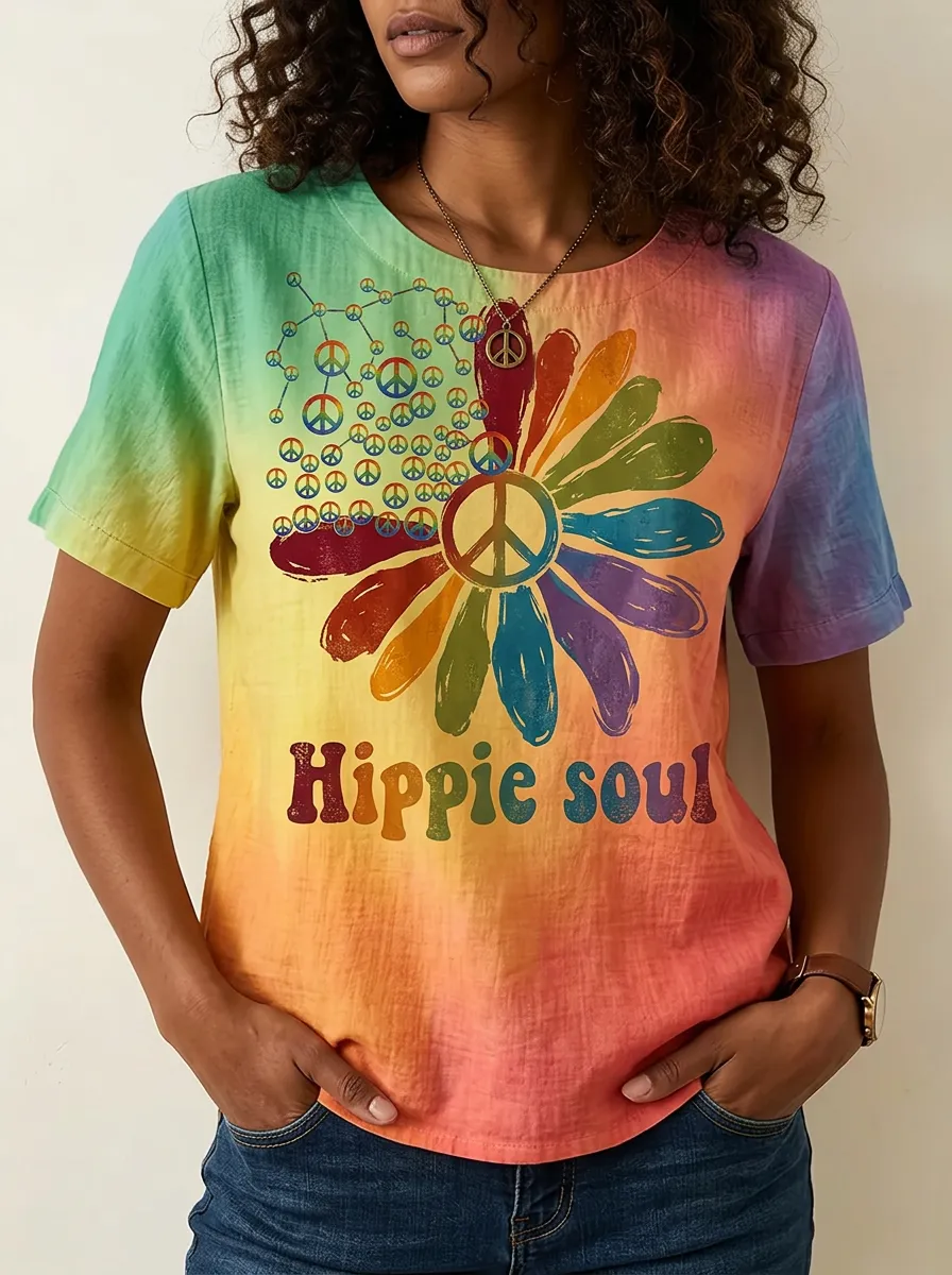 Women's Nashville Hippie Soul Rainbow Flower Peace Sign Printed T-shirt