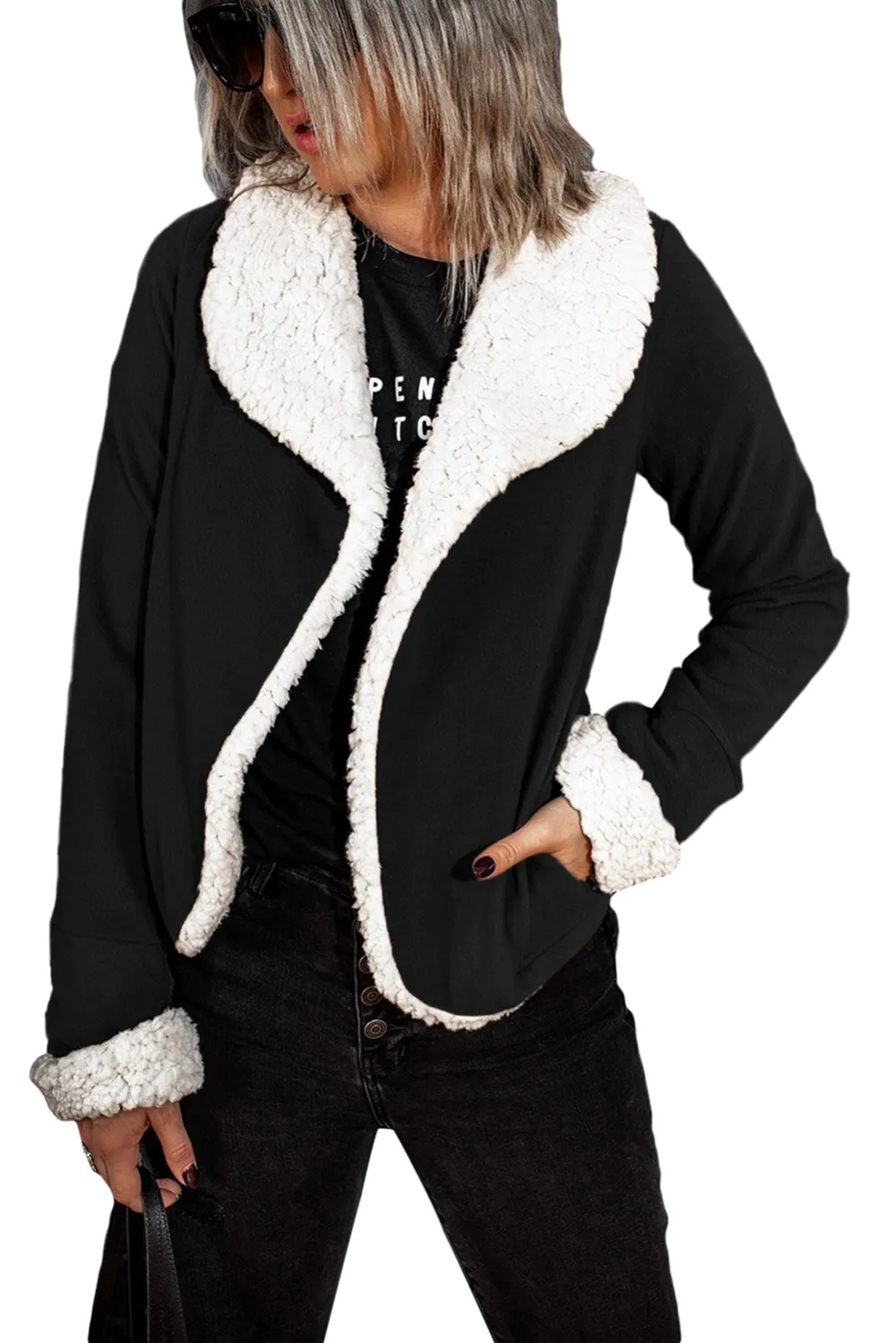 Brown Lapel Collar Fleece Open Front Coat