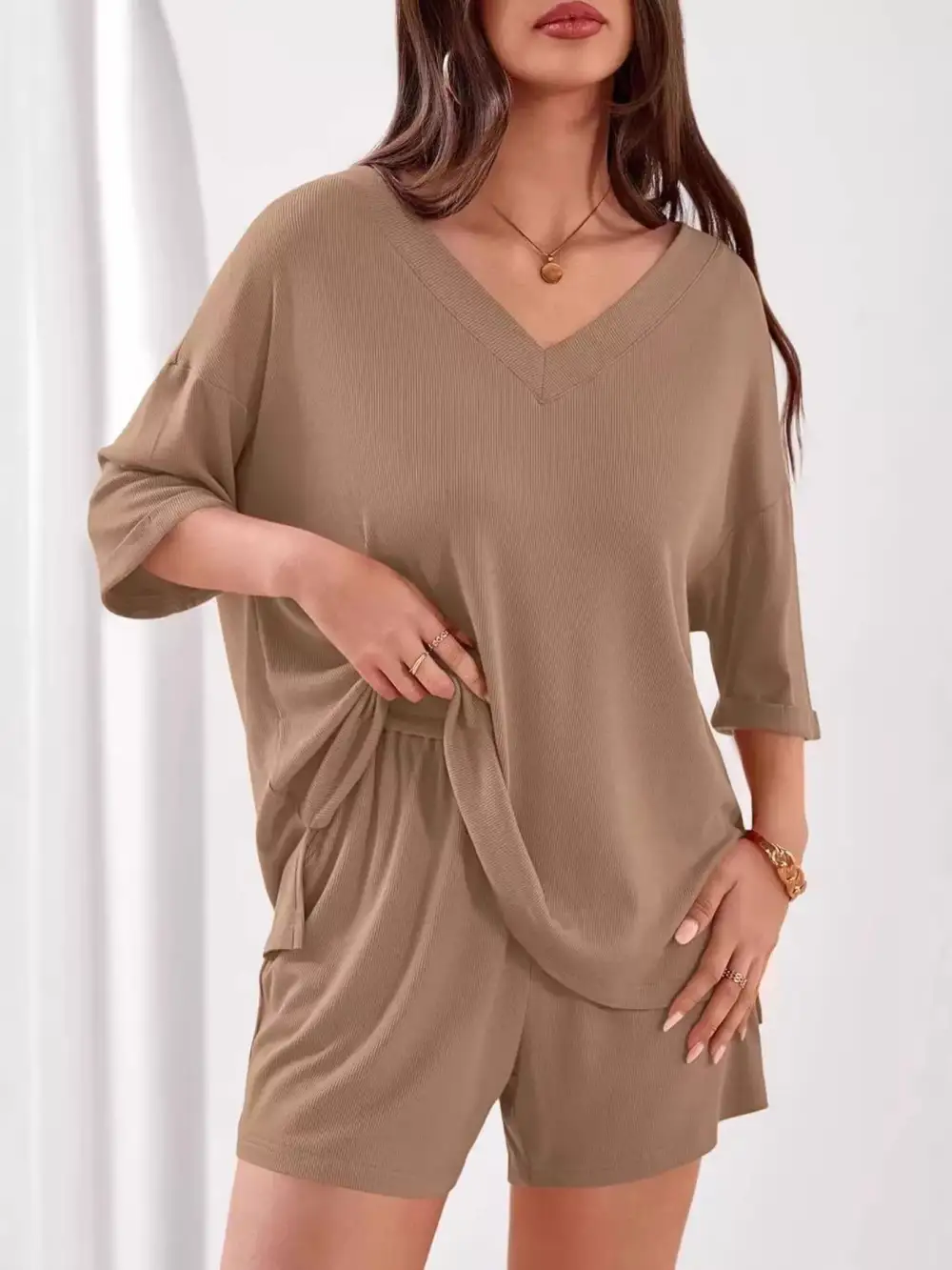 Casual V Neck Top Shorts Set