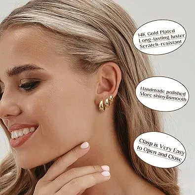3Pairs Gold Hoop Earrings Set for Women Chunky Gold Silver Hoop Earrings 14K Gold Filled Hypoallergenic Small Huggie Hoop Earrings Tiny Gold Trendy Thick Hoop Earrings Stacks for Multiple Piercing