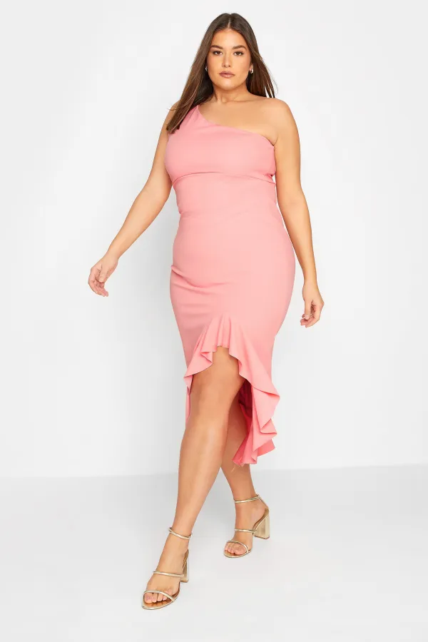 LTS Tall Coral Pink One Shoulder Frill Dress