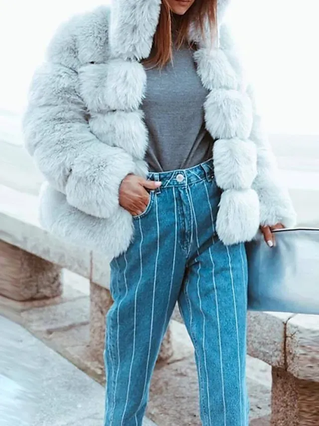 Women's Faux Fur Coat Regular Oversized Coat Sapphire Black Wine Dark Green khaki Party Party Fall Hoodie Regular Fit S M L XL XXL 3XL / Daily