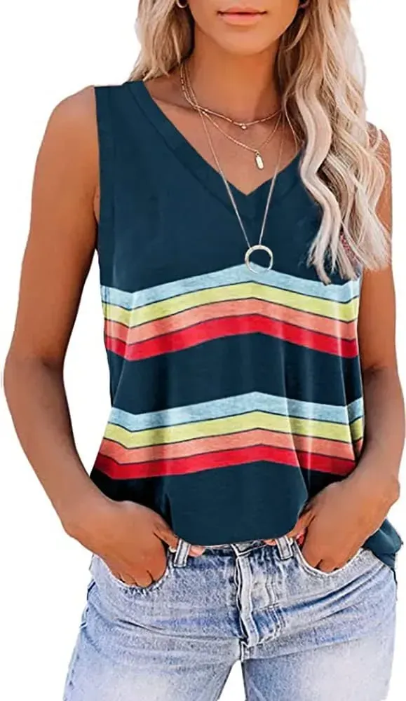 Summer Tops for Women Sleeveless V Neck Tshirt Loose Fit Casual Tank Tunic Blouse