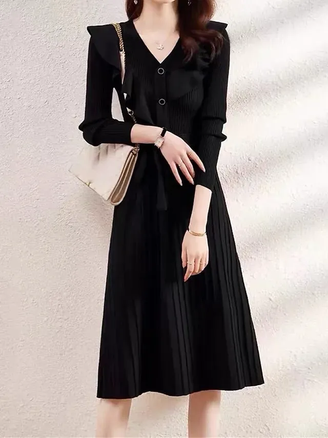 Women's Red Christmas Dress Christmas Dress Sweater Dress Midi Dress Knitwear Fashion Daily Pure Color Outdoor Christmas Daily Going out V Neck Long Sleeve Tie Front Lace up Ruched 2023 Loose Fit