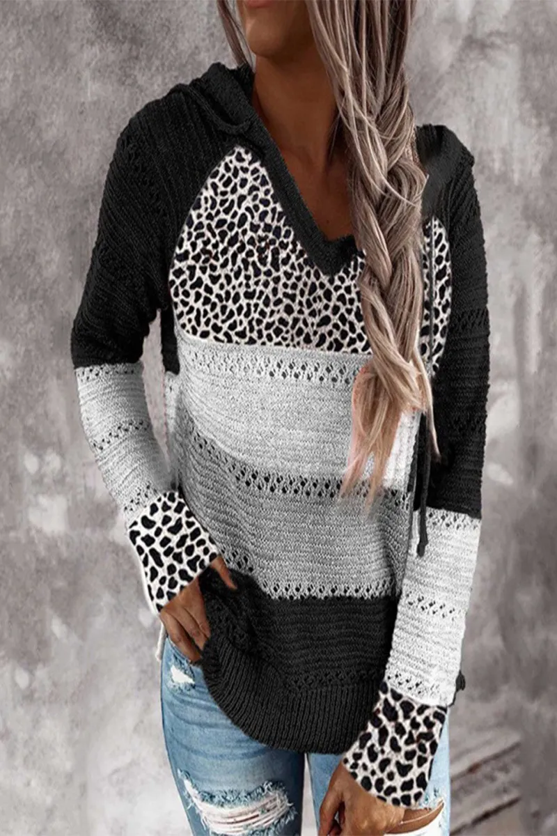 Striped & Leopard Patchwork V-Neck Hooded Sweater