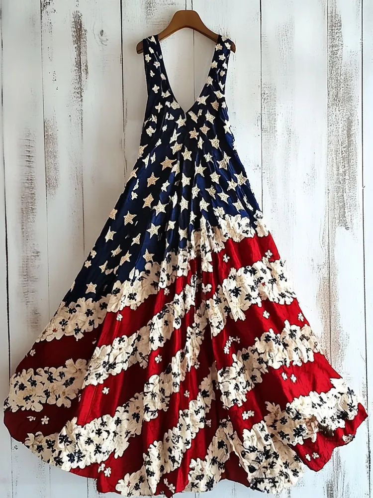 Women's Vintage Independence Day Flag Flowers Art Line Tank Dress